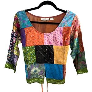 Magazine Silk Patchwork Blouse L Multi Front Slit Tie Back Crop Boho Hippie Cool